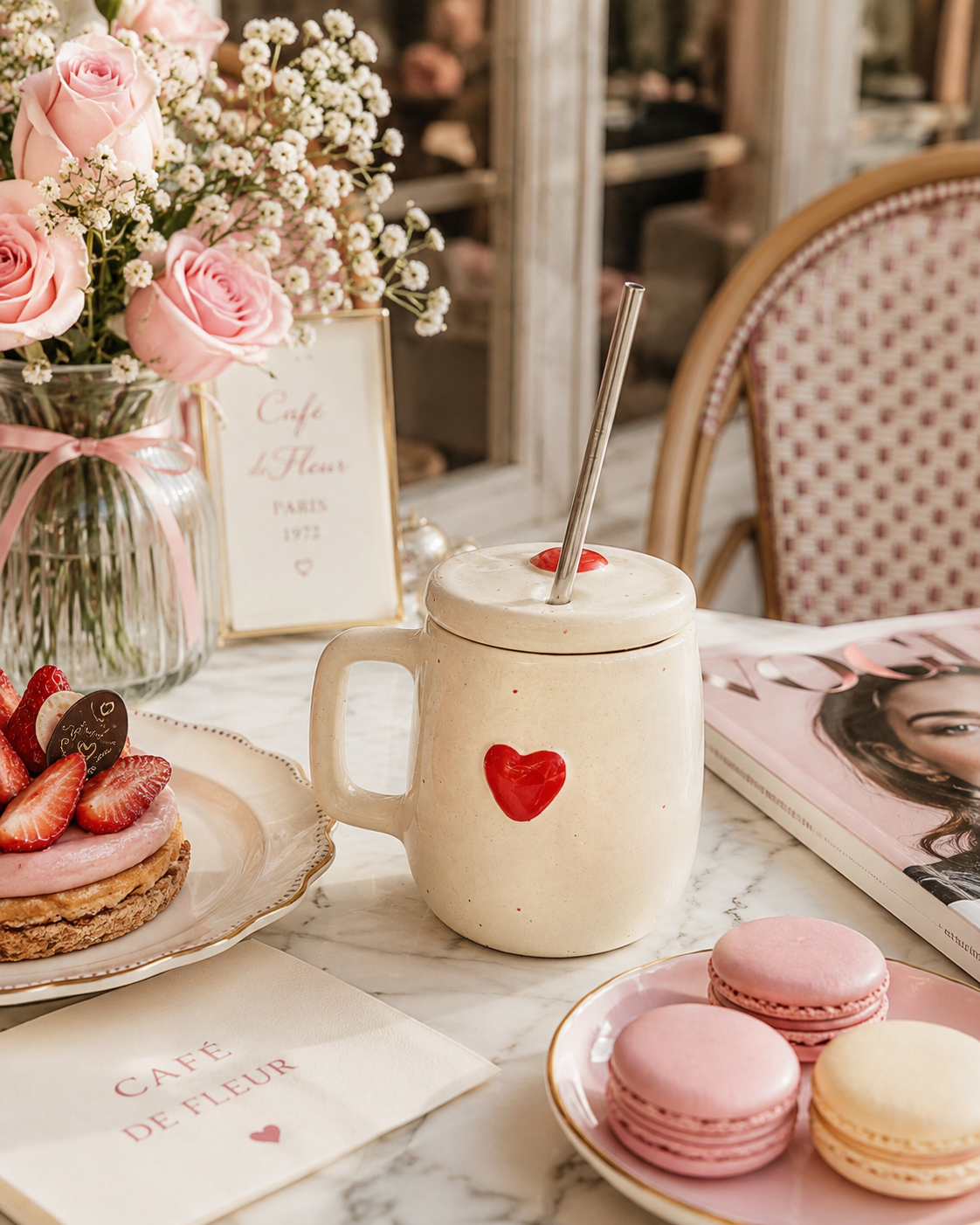 Blush & Brew Mug with Lid & Straw