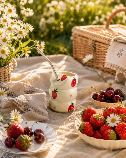 Strawberry Bliss Ceramic Sipper with Stainless Steel Straw
