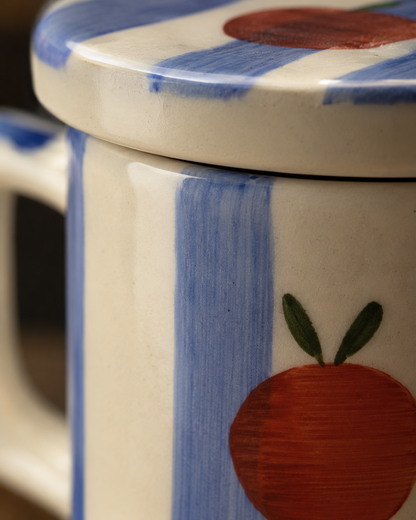 Peaches & Blue Pinstripes Mug with Lid