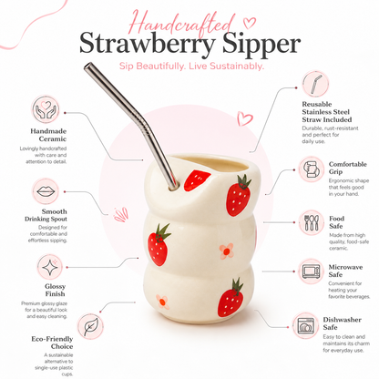 Strawberry Bliss Ceramic Sipper with Stainless Steel Straw