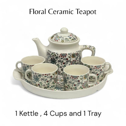 White Floral Four Cup Teapot Set