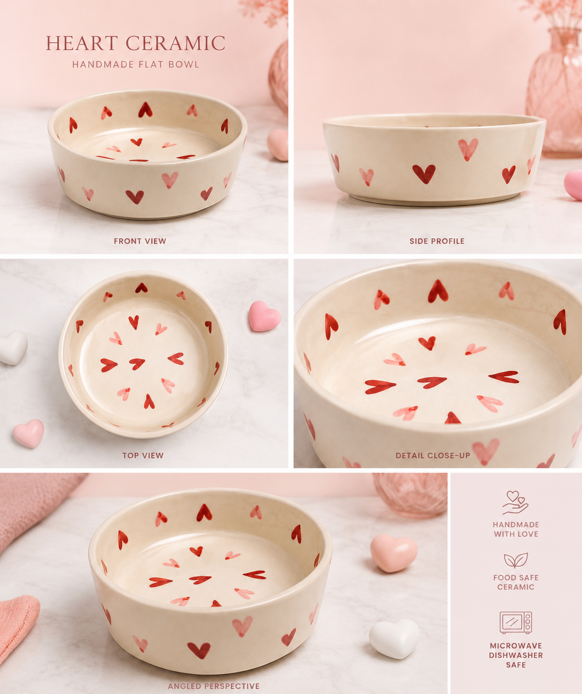 Heart Patterned Flat Snack Bowl