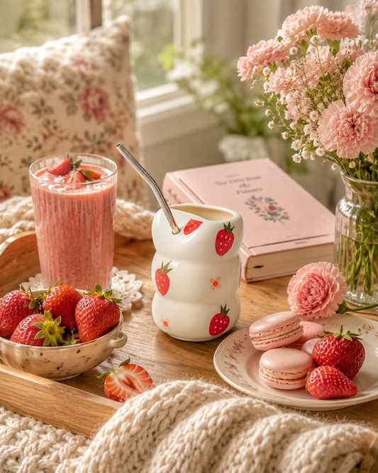 Strawberry Bliss Ceramic Sipper with Stainless Steel Straw