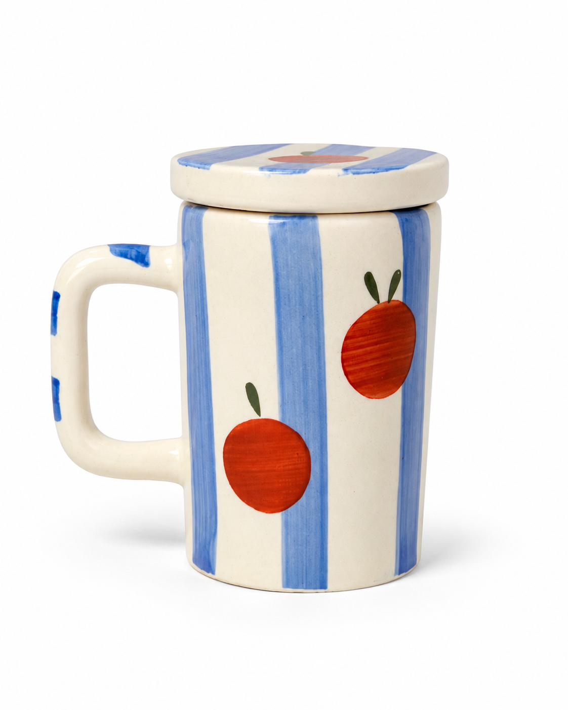 Peaches & Blue Pinstripes Mug with Lid