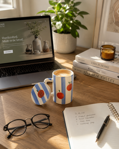 Peaches & Blue Pinstripes Mug with Lid