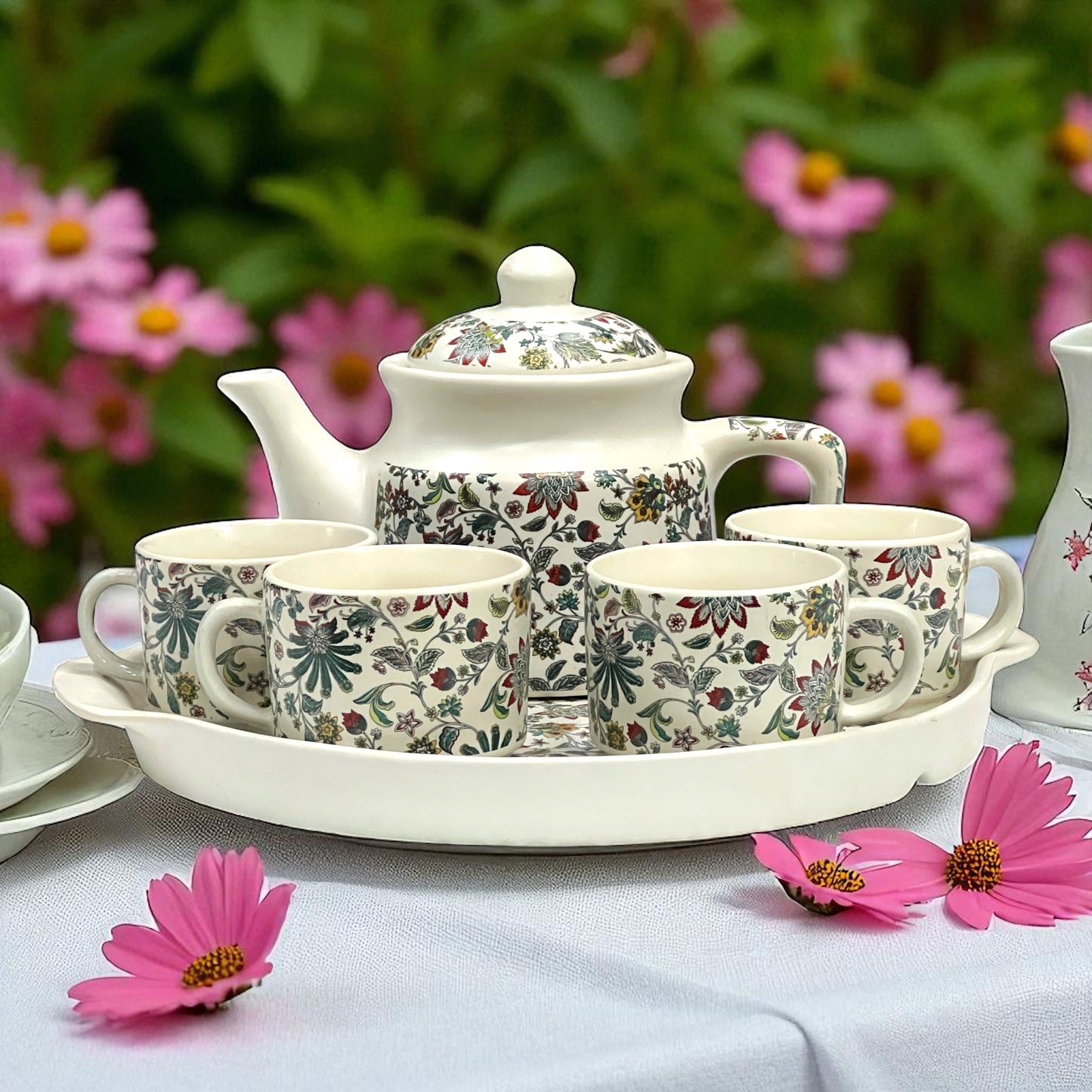 White Floral Four Cup Teapot Set