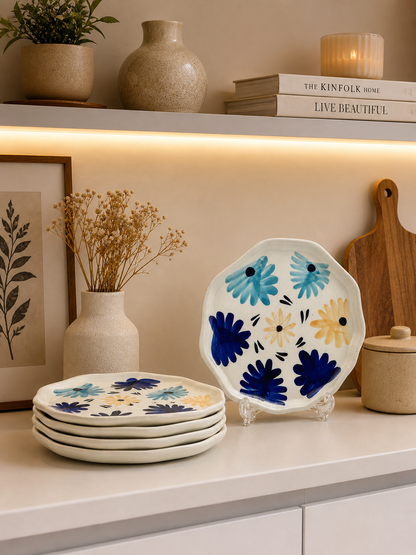 Four Blue & Yellow Flowers Snack/Dessert Plates