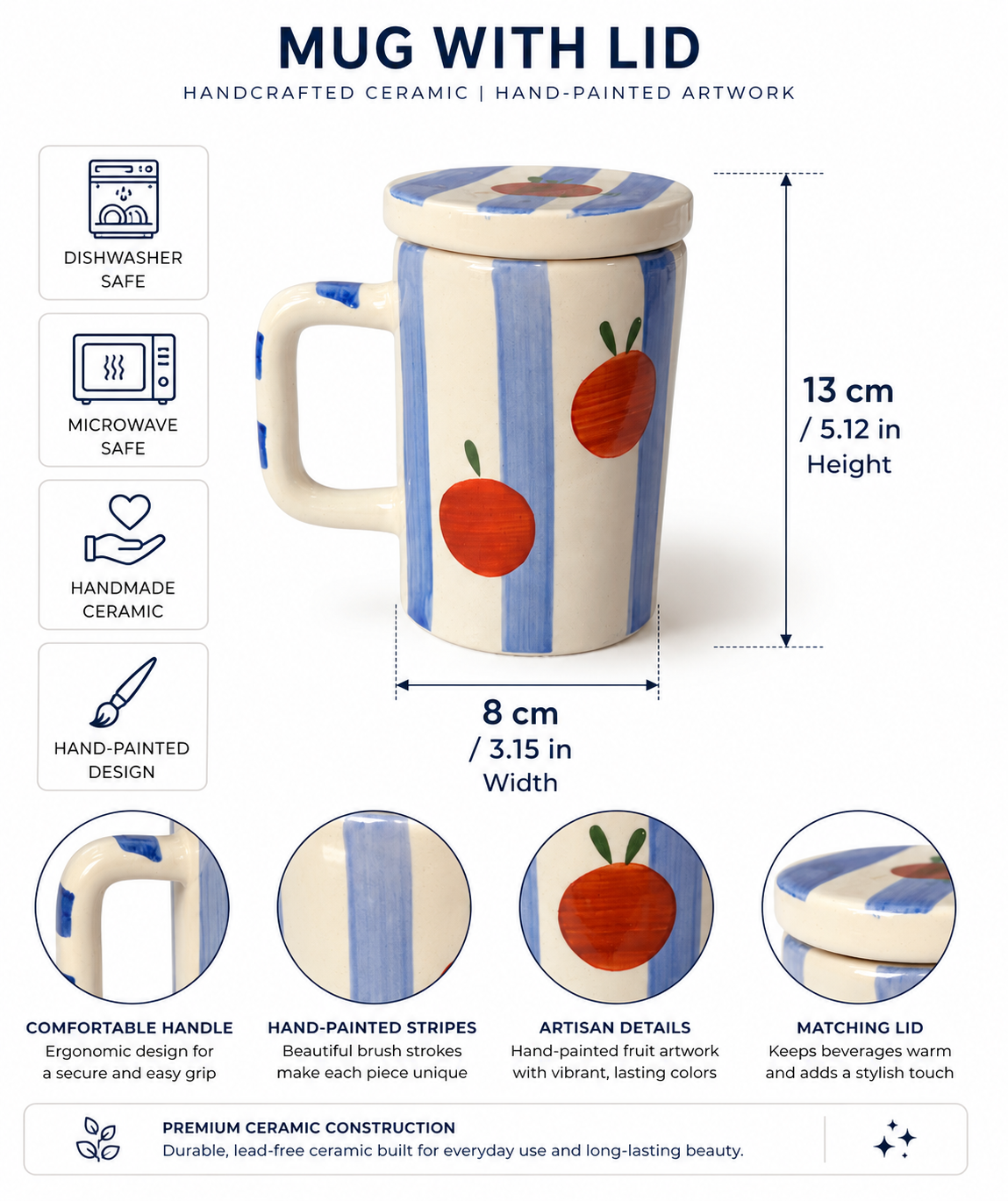 Peaches & Blue Pinstripes Mug with Lid