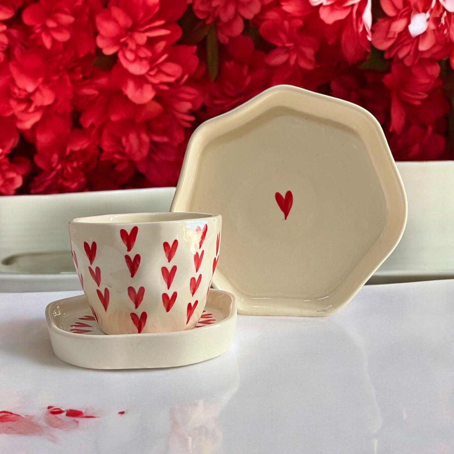 Over the Hearts Coffee Mug and Dessert Plate Set