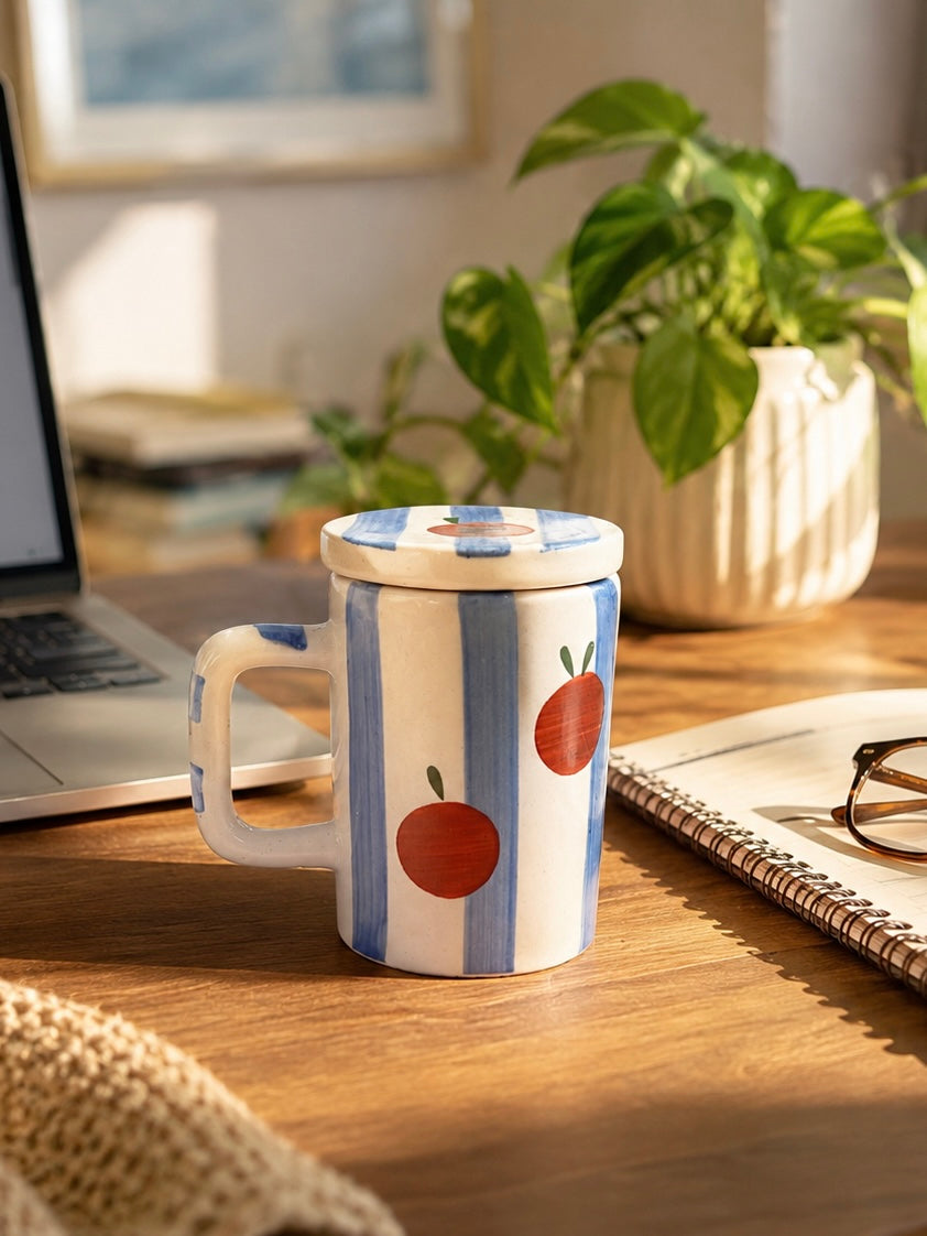 Peaches & Blue Pinstripes Mug with Lid