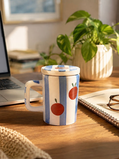 Peaches & Blue Pinstripes Mug with Lid