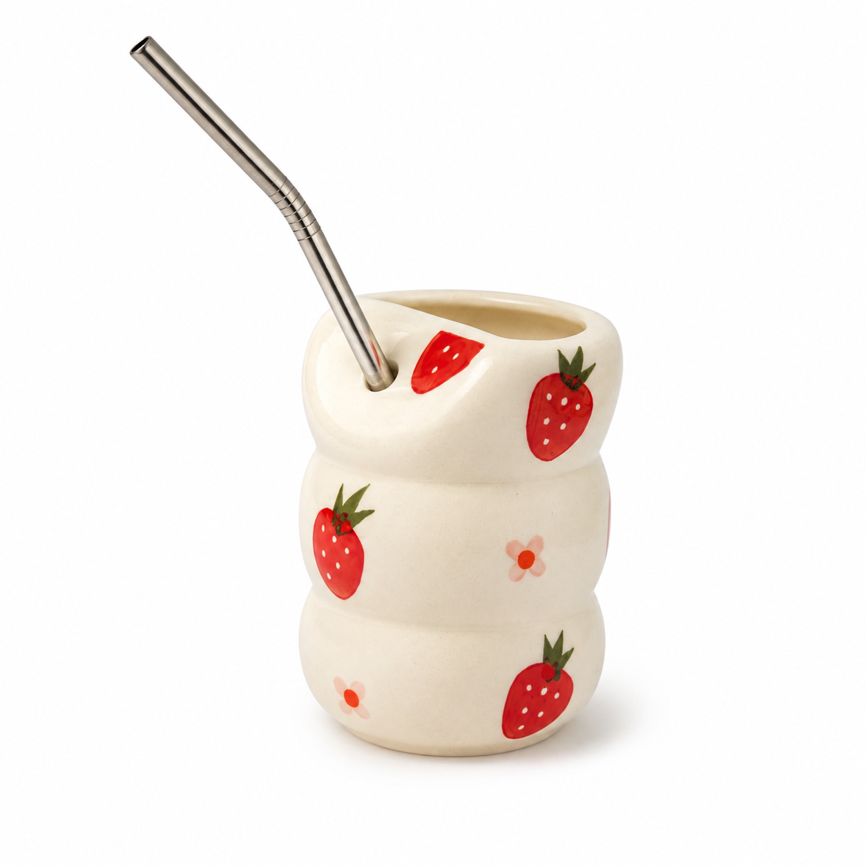 Strawberry Bliss Ceramic Sipper with Stainless Steel Straw