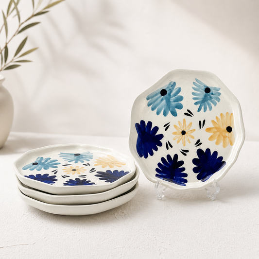 Four Blue & Yellow Flowers Snack/Dessert Plates