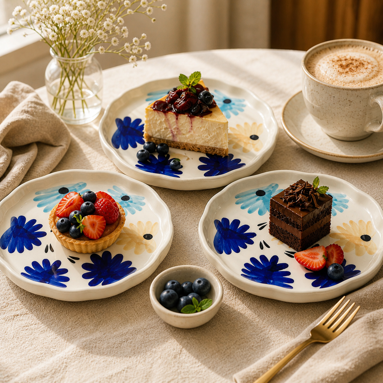 Four Blue & Yellow Flowers Snack/Dessert Plates