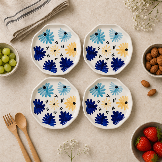 Four Blue & Yellow Flowers Snack/Dessert Plates