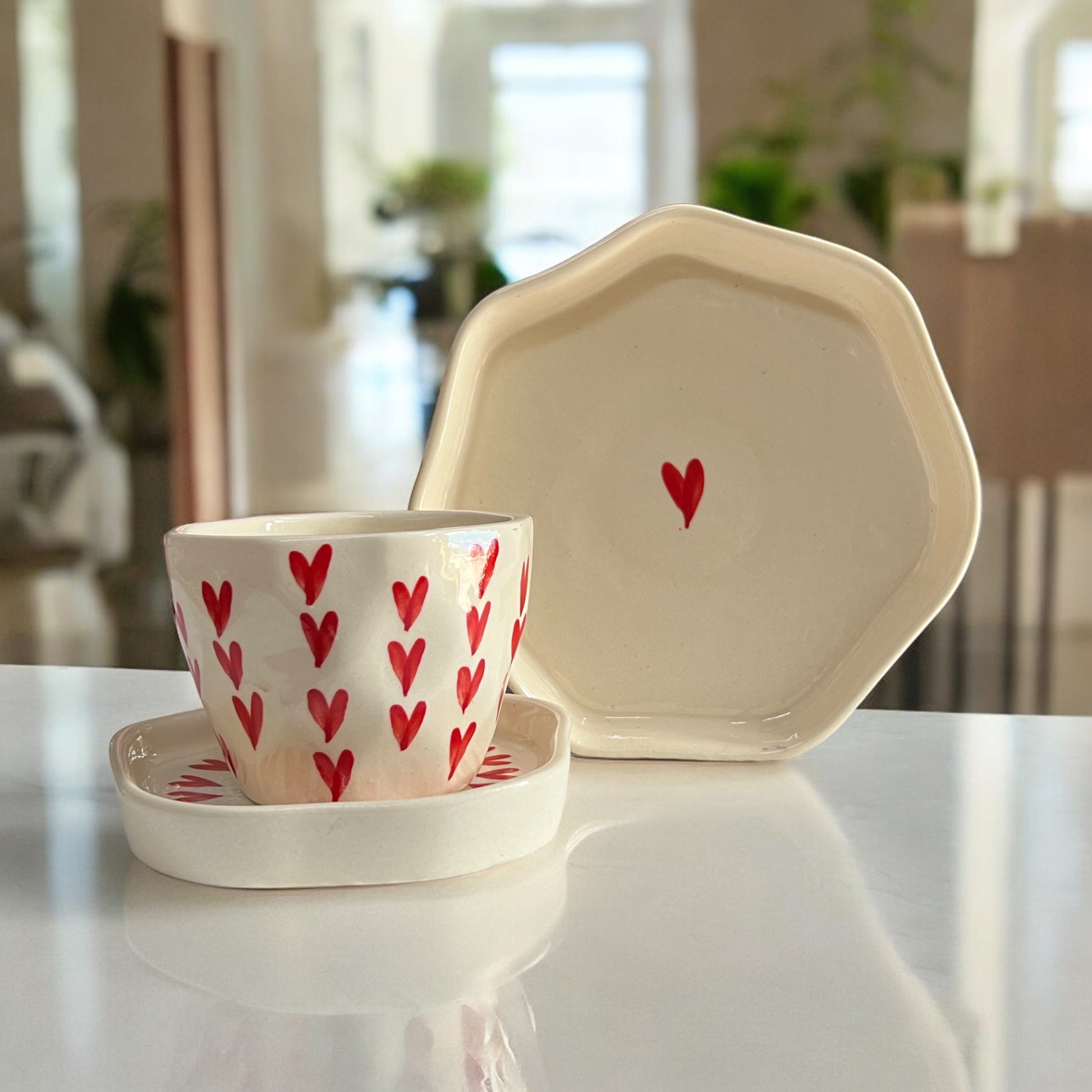Over the Hearts Coffee Mug and Dessert Plate Set