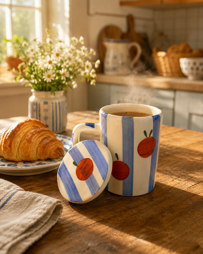 Peaches & Blue Pinstripes Mug with Lid