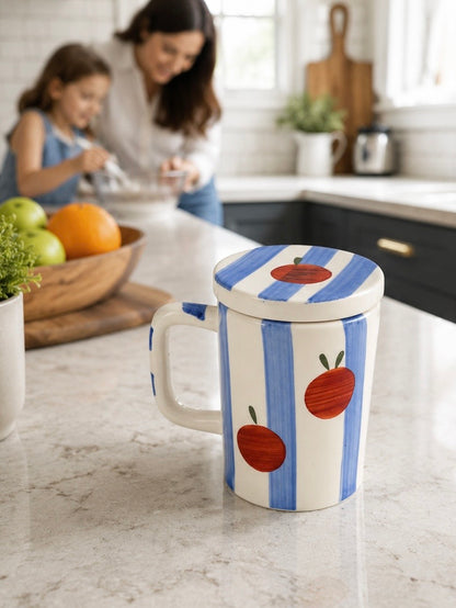 Peaches & Blue Pinstripes Mug with Lid