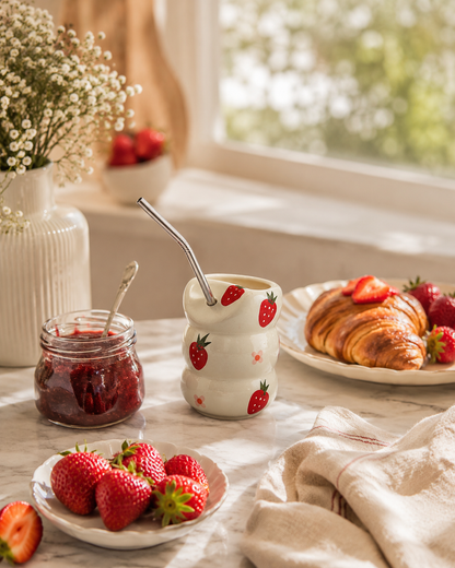 Strawberry Bliss Ceramic Sipper with Stainless Steel Straw