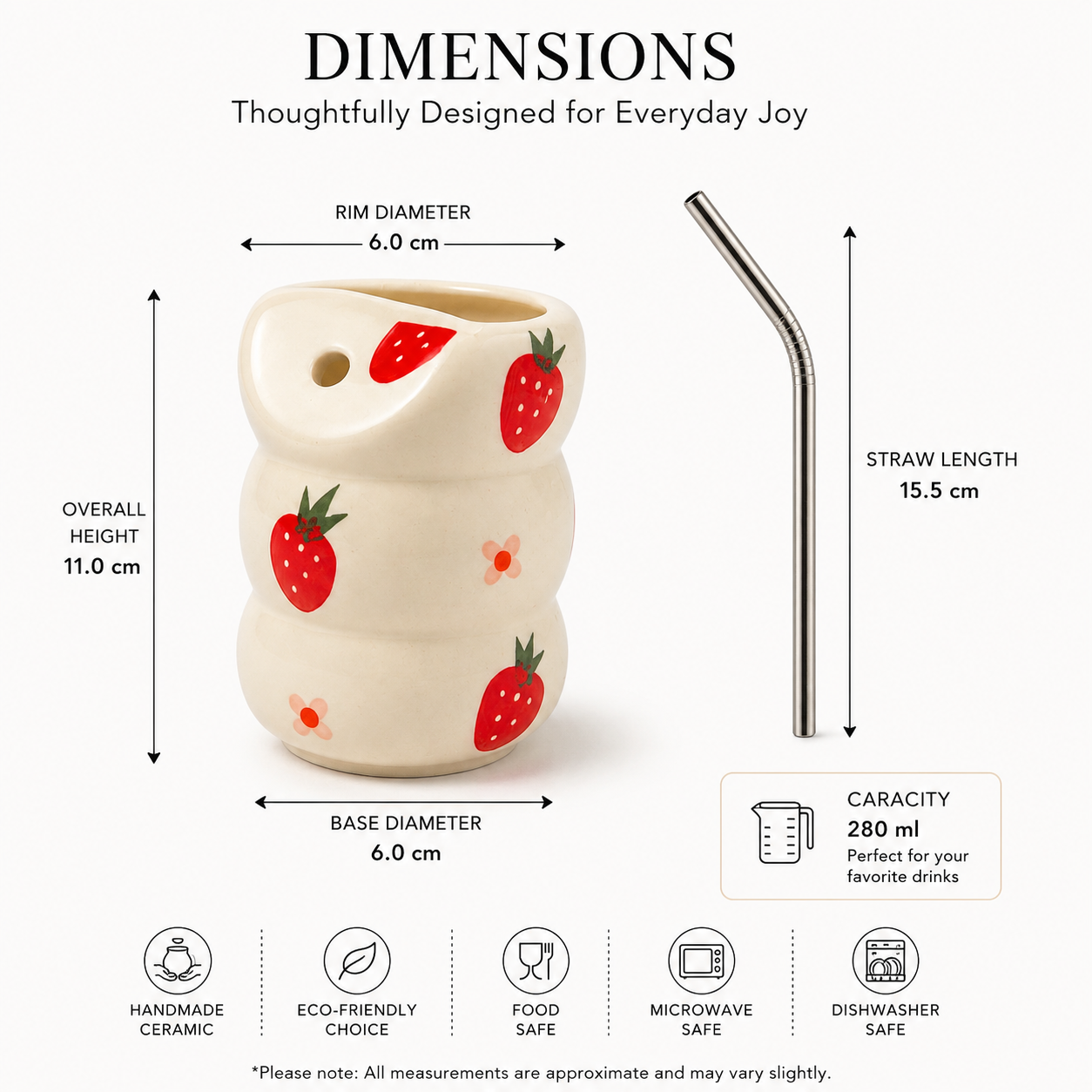 Strawberry Bliss Ceramic Sipper with Stainless Steel Straw