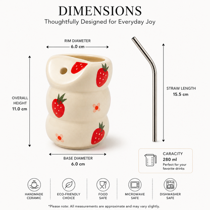 Strawberry Bliss Ceramic Sipper with Stainless Steel Straw