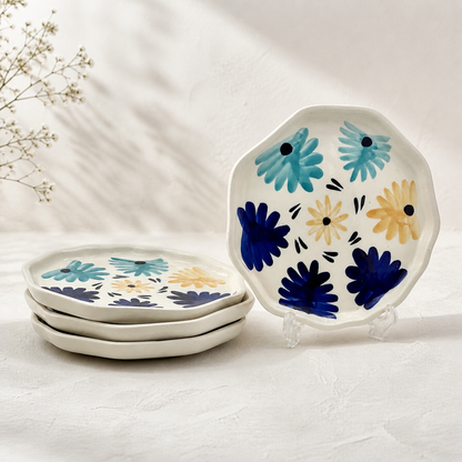 Four Blue & Yellow Flowers Snack/Dessert Plates