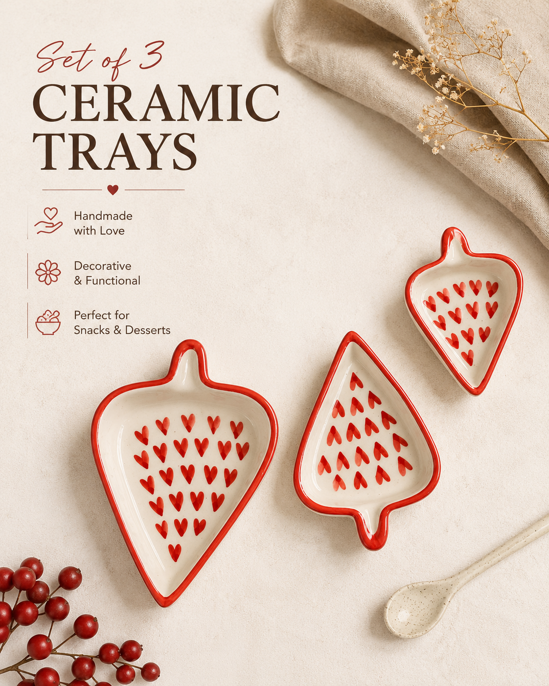 Hearts Condiments and Snacks Trays (Set of 3)
