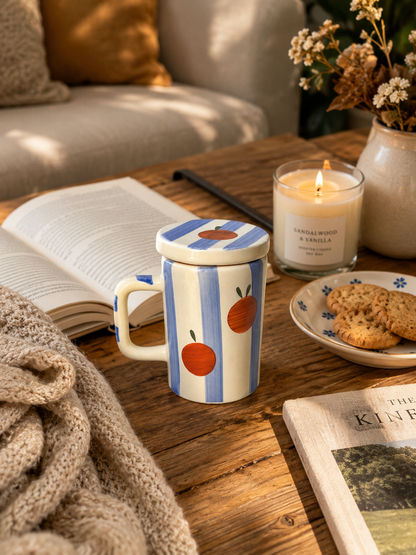 Peaches & Blue Pinstripes Mug with Lid