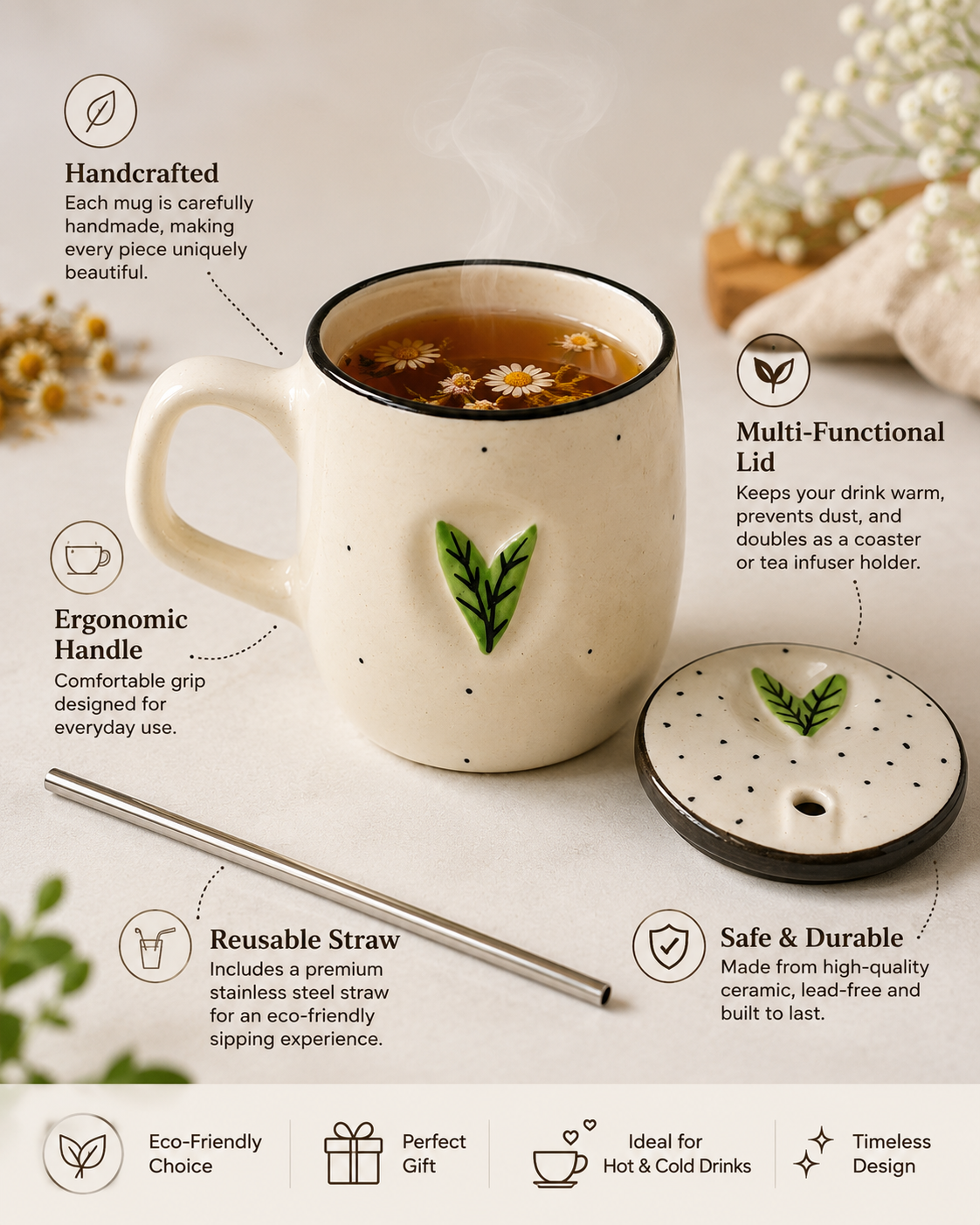 Botani Brew Mug With Lid & Straw