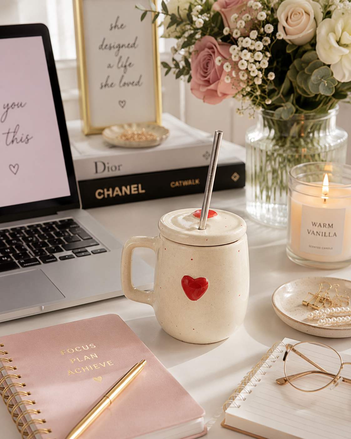 Blush & Brew Mug with Lid & Straw