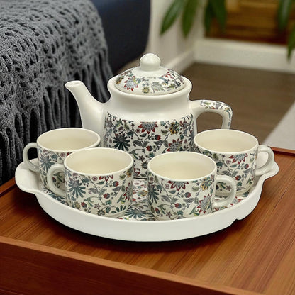 White Floral Four Cup Teapot Set